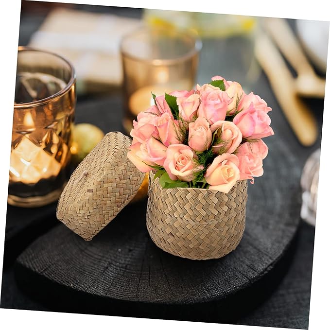 PRETYZOOM Woven Flower Basket with Lid Handmade Mini Storage Container for Sundries Seagrass Decorative Box for Home Parties and Flower Shops