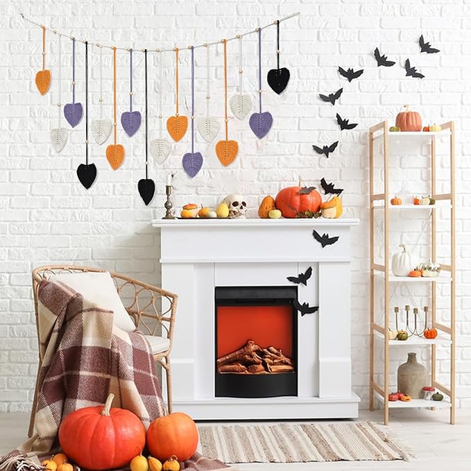 EOBTAIN Macrame Leaf Wall Hanging Large,Boho Purple Orange and Black Leaves Woven Tapestry Halloween Home Decor,Handmade Yarn Tassels Textile Feather Wall Art Decor for Living Room Bedroom