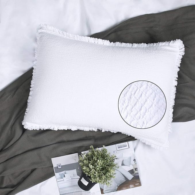 YINFUNG Quilted Pillow Sham White Standard Set of 2 Muslin Cotton Tassel Fringe Pillowcases Matelasse Boho Decorative Textured Gauze Moroccan Thin Soft 20×26 Bright White