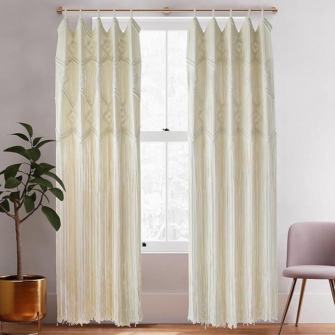 IOWER Macrame Curtains Windows 2 Panels 50" Wx75 L Macrame Closet Doorway Boho Curtains Long Macrame Decor Wedding Backdrop