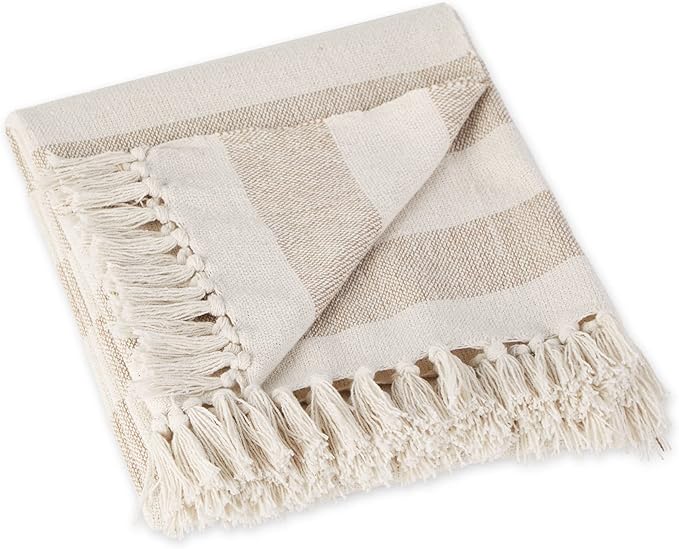 DII Rustic Farmhouse Cotton Cabana Striped Blanket Throw with Fringe, 50 x 60 - Cabana Striped Stone