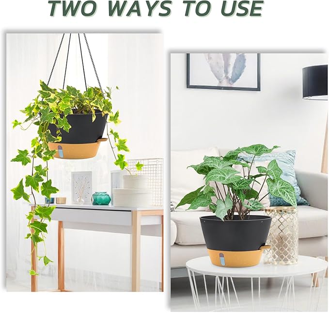 ZMTECH 3 Pack 12 Inch Hanging Planters for Indoor Plants, Large Self Watering Hanging Planter with Visible Water Level & Heavy Duty Chain, Dark Gray Outdoor Flower Pots