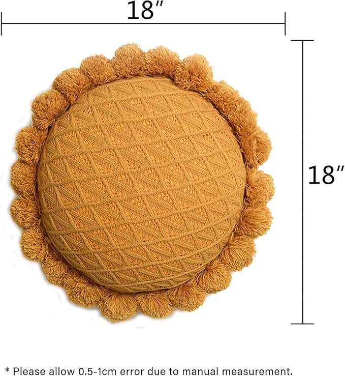 Acrylic Knitted Round Throw Pillow Knitting Bohemian Circular Cushion Pillow with Knit Handmade Pompoms Decorative Warm Orange, Diameter 18inches