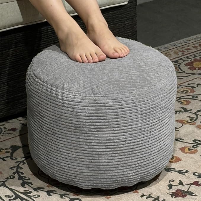 Oslimea Round Ottoman Foot Rest 20 x 15 Foot Stool Ottoman Pouf with Foam Chunk Filling for Living Room, Floor Poufs Foot Rest for Bedroom, Dark Grey Corduroy
