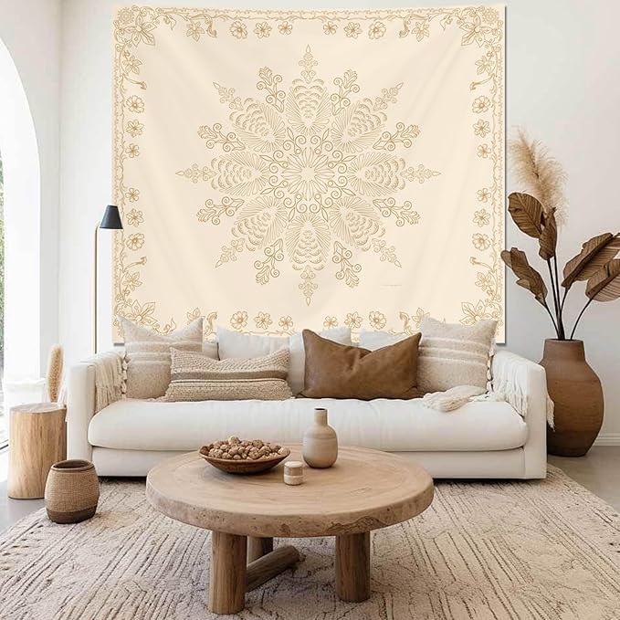 Apdidl Boho Mandala Floral Wall Tapestry for Bedroom Aesthetic, Bohemian Cute Flower Hippie Indian Beige Wall Hanging Blanket, Medallion Art Decor Tapestries for Teen Girls Living Room Dorm 51" X 60"