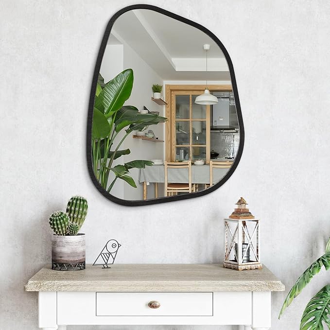Irregular Bathroom Mirror Modern Oval Wall Mirror Asymmetrical Wooden Framed Wall Mirror Unique Shape Wall Mounted Vanity Artistic Mirror Decor for Living Room Bedroom Entryway Large 26"x18"