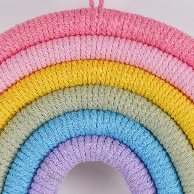 Rainbow Macrame Wall Hanging - Hand-Woven Cotton Tassel Tapestry Decor for Baby Room, Nursery, and Home Decor (Pink Rainbow)