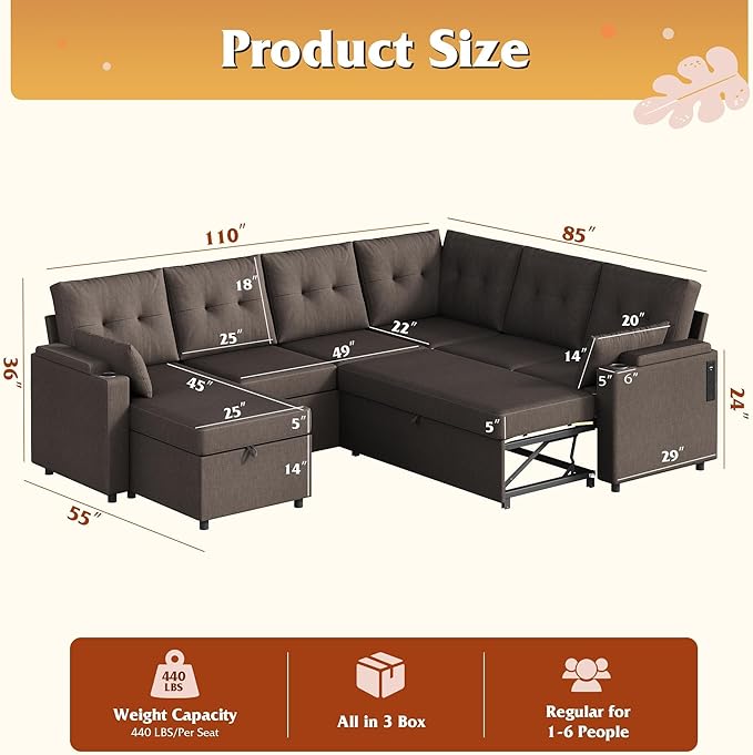 WLIVE 110'' Sectional Couches for Living Room, Pull Out Couch, U Shape 7 Seat Sleeper Sofa with Storage Chaise and Pillows, Removable Sofa Cover, Cups Holders, USB Charging Station, Brown