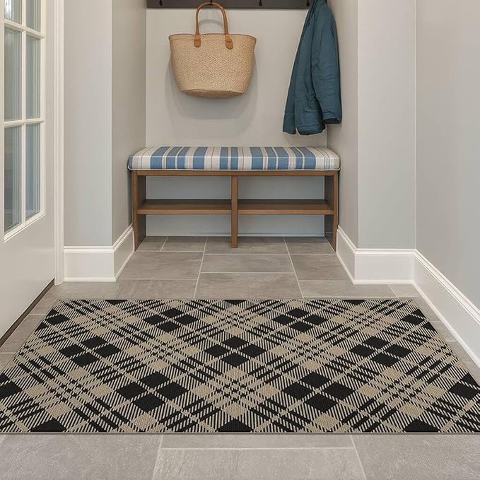 JTJ Vintage Outdoor Entrance Rugs 3x5 - Easy Jute Woven Rug for Indoor Area, Kitchen, Bedroom, Washable Low Pile Black and White Classic Decor