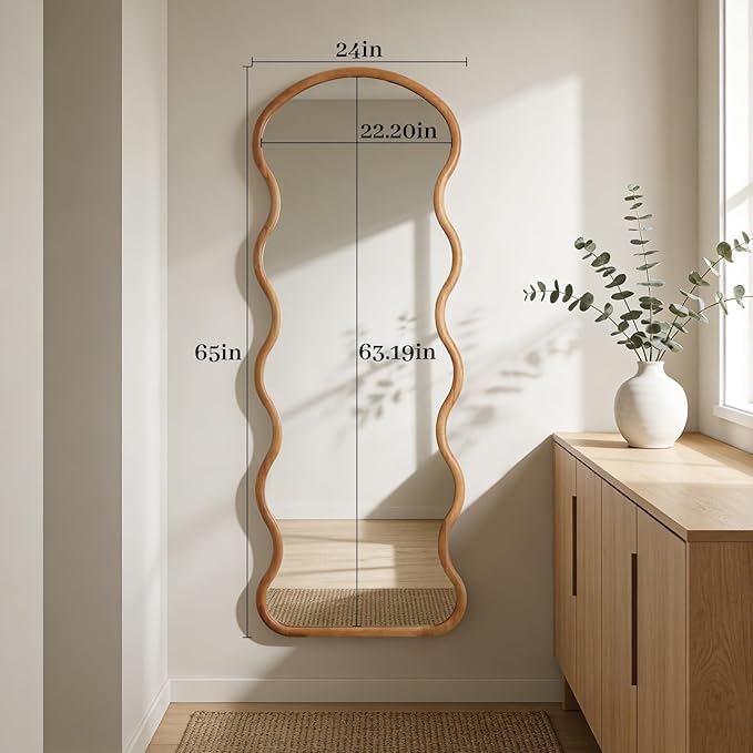 WallBeyond 24"x65" Full Length Wood Arched Mirror, Natural Wood Boho Accent Mirror with Wavy Design, Decorative Floor or Wall Mounted Mirror for Bedroom