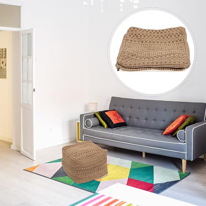 LIFKOME Footstool Square Pouf Ottoman Cotton Pouf Chair Handmade Woven Foot Stool Soft Knitted Cotton Linen Footrest Square Floor Cushion Tatami Seats Cushion for Living Room Ottoman Pouf
