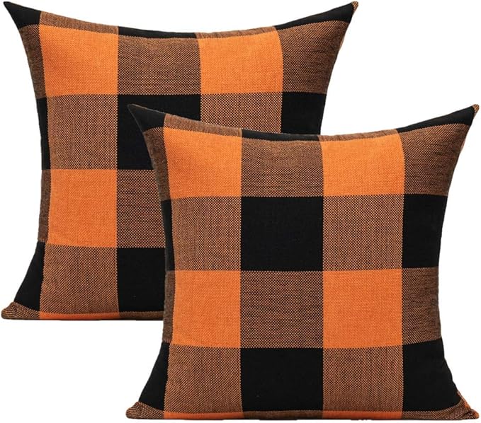 Halloween Orange and Black Buffalo Plaids Decorative Throw Pillow Covers Fall Farmhouse Classic Retro Rustic Cotton Linen Square Cushion Cases Home Decor for Sofa Couch Patio Outdoor 16x16 Set of 2