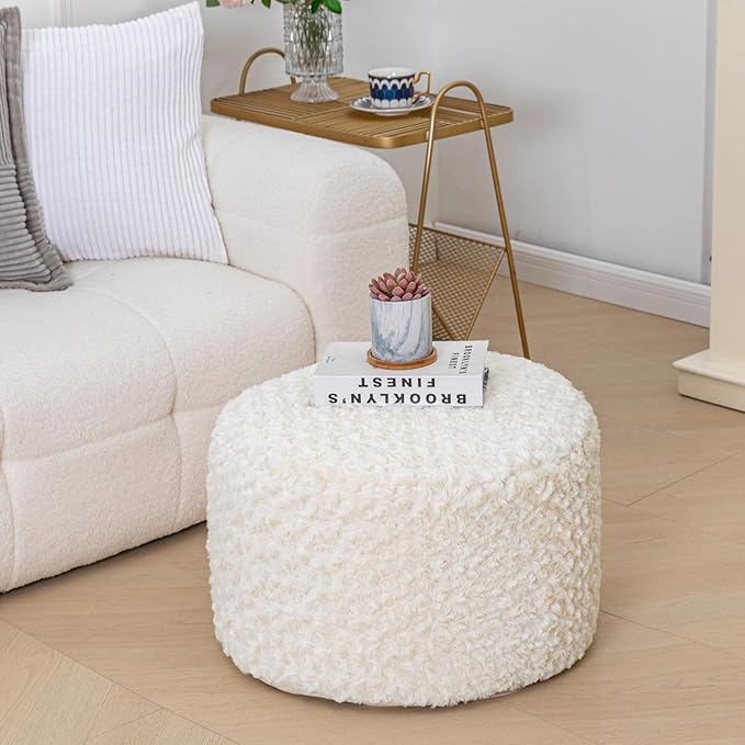 Unstuffed Pouf Ottoman Cover Handmade Footstool Ottoman Storage Solution Floor Pouf Footrest Cushion 20x12 Inches for Living Room Wedding Ivory