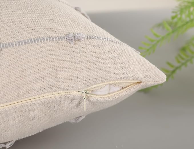 Set of 2 Boho Throw Pillow Covers 24x24,Stone Grey and White Neutral Couch Pillow Case with Tassel Fringe Decorative,Modern Accent Farmhouse Cushion Covers for Sofa Couch Bed Living Room
