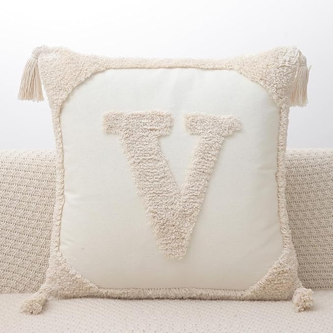 Monogram Pillow Covers with Tassels 18”x18” Modern Cotton Canvas Tufted Alphabet V Throw Pillow Covers for Sofa Couch Bed 26 English Letters Decorative Pillow Case for Sofa Throw Pillows