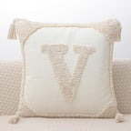 Monogram Pillow Covers with Tassels 18”x18” Modern Cotton Canvas Tufted Alphabet V Throw Pillow Covers for Sofa Couch Bed 26 English Letters Decorative Pillow Case for Sofa Throw Pillows