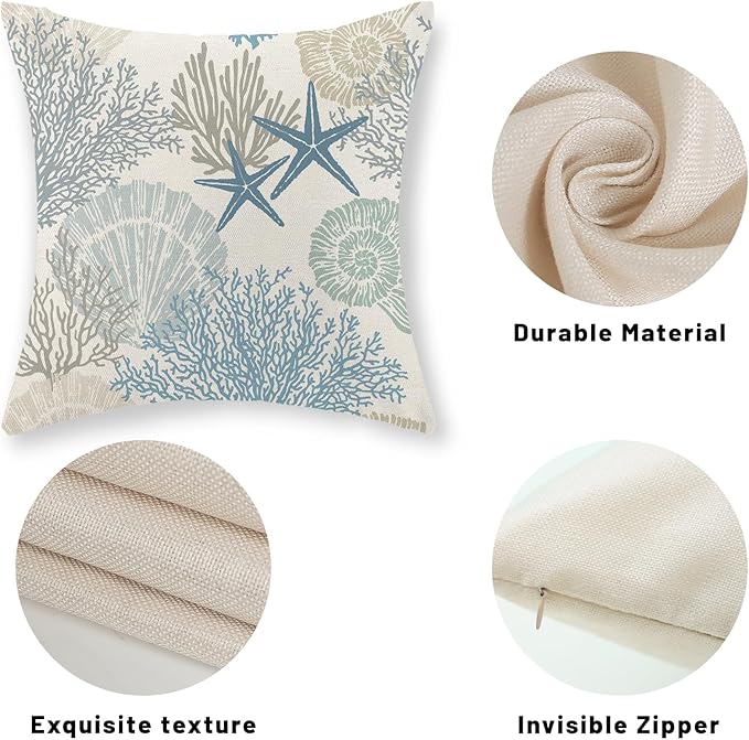 Nautical Coastal Pillow Covers 18x18 Set of 2 Blue Beach Themed Ocean Seashell Coral Starfish Throw Pillows Summer Outdoor Decorative Pillow Cases Linen Cushion Case for Home Bedroom Decor