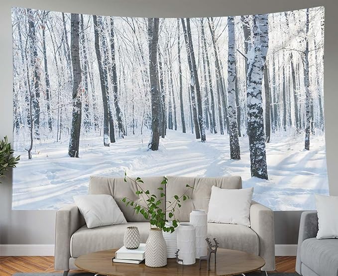 EMMTEEY Winter Tapestry Forest Wall Tapestry Winter Scene Birch Forest White Scenic Tapestry 60X40 Room Tapestry Present for Families