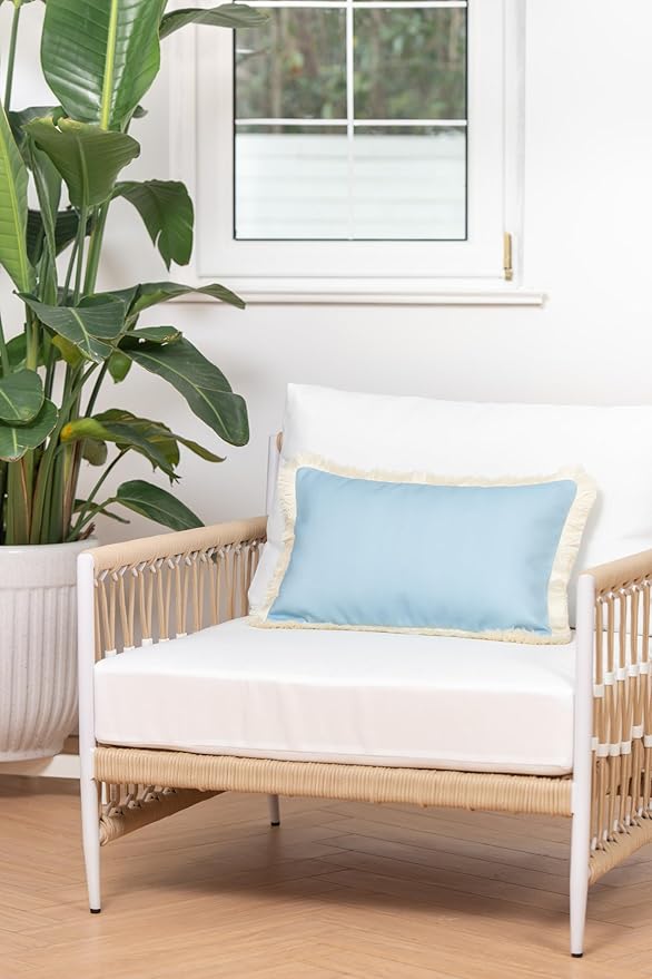 Hofdeco Premium Coastal Hampton Style Patio Indoor Outdoor Lumbar Pillow Cover Only, 12"x20" Water Resistant for Backyard, Couch, Solid Baby Blue White Fringe