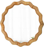 Boho Scalloped Rattan Round Mirror 24 Inches, Hanging Decorative Farmhouse Circle Mirror for Wall Decor Living Room Hallway Entryway, Handmade Coastal Circular Vanity Mirrors for Bathroom