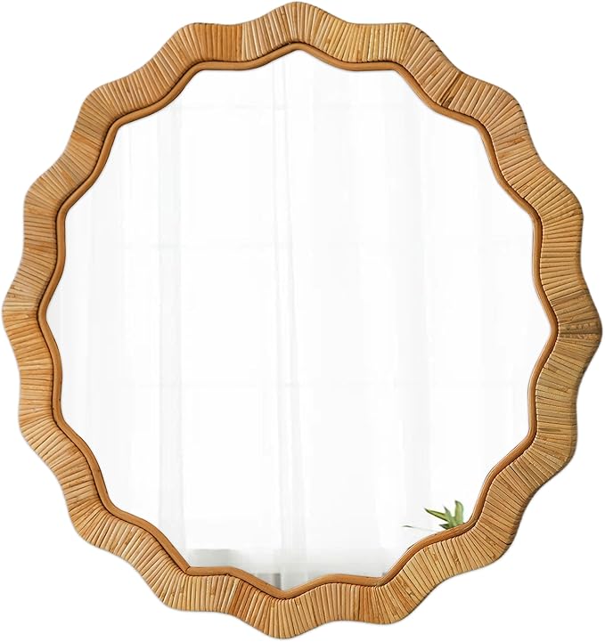 Boho Scalloped Rattan Round Mirror 24 Inches, Hanging Decorative Farmhouse Circle Mirror for Wall Decor Living Room Hallway Entryway, Handmade Coastal Circular Vanity Mirrors for Bathroom