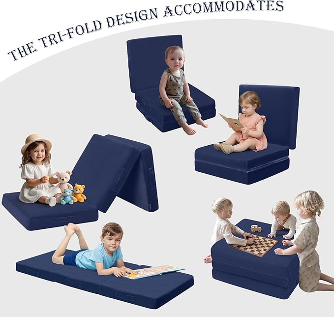 MeMoreCool Foldable Floor Mattress for Kids, Trifold Nap Mat for Toddlers, Portable Daycare Sleeping Futon or Floor Bed, Navy, 57x22 Inch