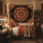 Accnicc Mandala Floral Tapestry Wall Hanging Boho Orange Red Tapestry Aesthetic Hippie Vintage Bohemian Flower Celestial Indian Cute Large Tapestries for Bedroom Living Room Dorm Decor 80 x 60 Inch