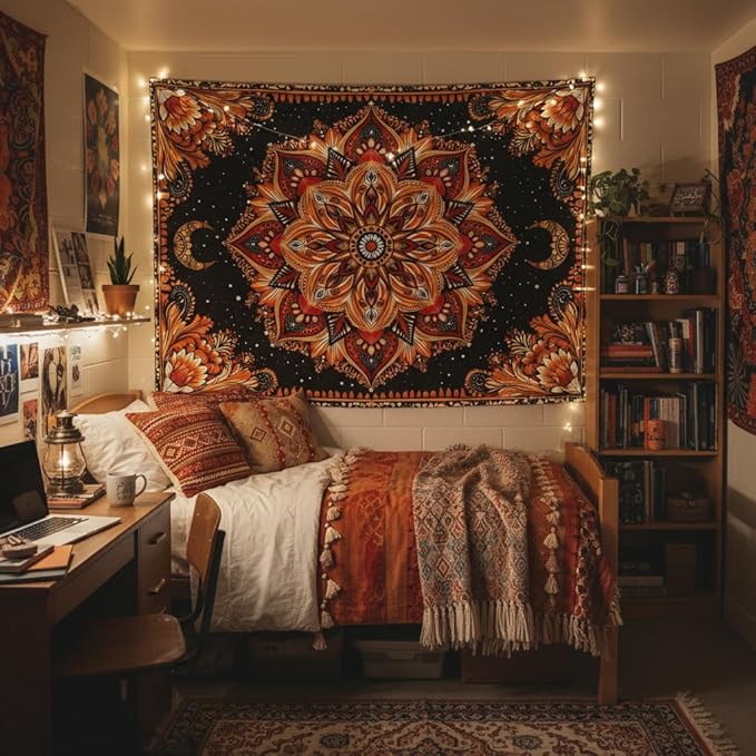 Accnicc Mandala Floral Tapestry Wall Hanging Boho Orange Red Tapestry Aesthetic Hippie Vintage Bohemian Flower Celestial Indian Cute Large Tapestries for Bedroom Living Room Dorm Decor 80 x 60 Inch