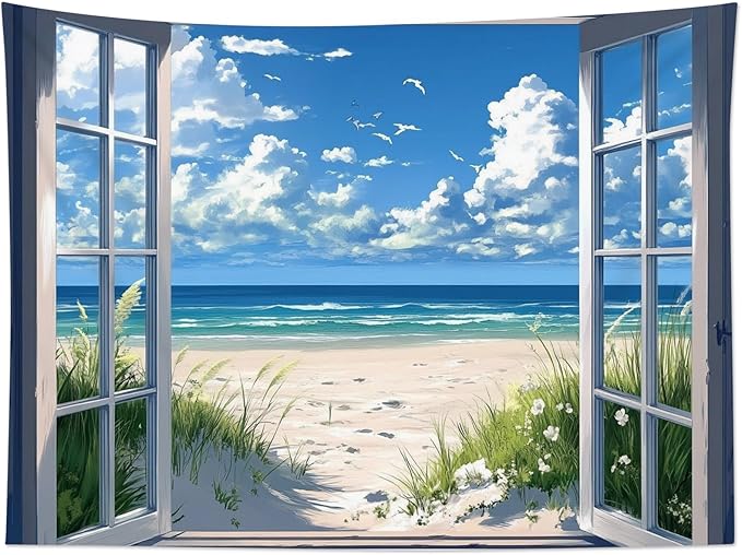 EOBTAIN Coastal Beach Tapestry for Bedroom Aesthetic Blue Ocean and Sky outside the Window Landscape Wall Tapestries Summer Nature Tapestry Hanging for Living Room Dorm 92x70 Inch