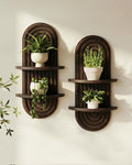 Bamworld Boho Wall Decor 2pcs Plant Wall Shelf, Mid Century Modern Decor Hanging Plant Shelf, 2-Tier Wooden Floating Shelves for Home, Bathroom Bedroom Living Room, Office Planter Decoration Walnut