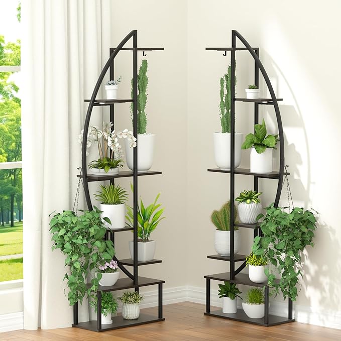 Plant Stand Shelf Rack Indoor with 6 Built in Grow Light, 7 Tiered 65" Tall Black Large Lighted Half Moon Curved Plant Stand for Indoor Growing, 2 Pack Arch Sturdy High Herb Flower Shelving