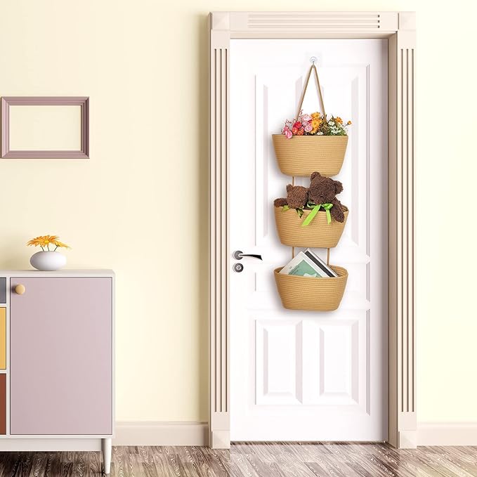 Xuhal Over The Door Hanging Basket Organizer Boho Woven Wall Baskets Storage 3 Tier Cotton Wall Mounted Decorative Bag Hanging Nursery Baskets for Books Flowers Toys Closet Living Room Bathroom