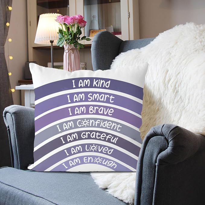QIYUHOY Boho Rainbow Classroom Throw Pillow Covers, Book Center Calming Corner Playroom Decor Pillow Case, Purple Pillow Cover, I Am Kind Smart Brave Confidence 18x18 Inch(Purple)