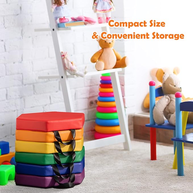 HONEY JOY 6PCS Floor Cushions for Kids, 15 Inch Flexible Alternative Portable Classroom Seating with Handles, Easy to Clean, Thick Soft Foam Hexagon Comfy Seats for Daycare Preschool (Hexagon, Red)