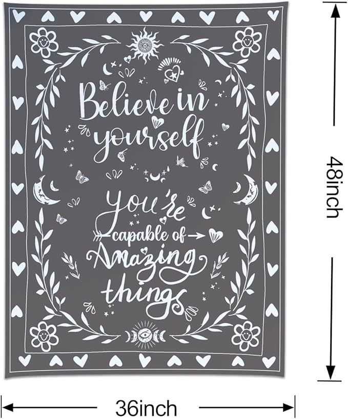 KJHL Motivational Black and White Classroom Tapestry 48" x 36" Vertical Boho Room Decor Positive Affirmations Inspirational Quote Aesthetic Tapestries Wall Hanging for Bedroom Dorm