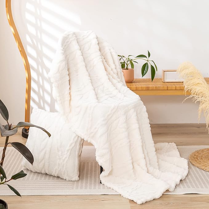 YUSOKI Sherpa Large Throw Blanket Single Layer,Light Weight(1.7lb),370GMS-3D Stylish Design for Gift Home Decor (Ivory,50"x65")