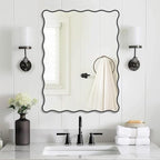Black Wavy Mirror Whit Wood Frame, 18" x 24" Small Rectangle Boho Mirror for Nursery Wall Decor, Bathroom Vanity, Bedroom, Living Room, Entryway