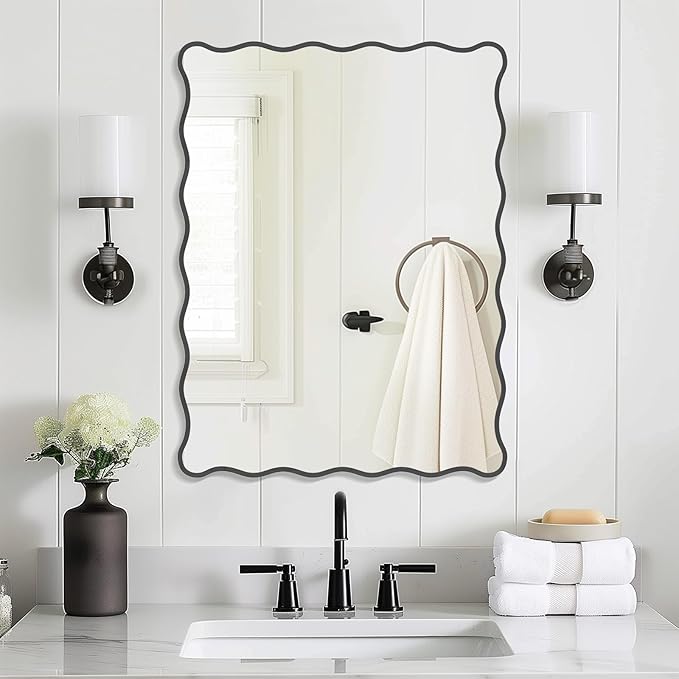 Black Wavy Mirror Whit Wood Frame, 18" x 24" Small Rectangle Boho Mirror for Nursery Wall Decor, Bathroom Vanity, Bedroom, Living Room, Entryway