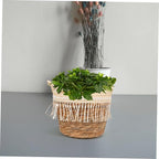 Toyvian Rustic Handwoven Plant Basket with Tassel Natural Grass Rope Indoor Planter Decorative Floral Container with Built in Leak Liner for Living Bedroom Office Boho Farmhouse Style