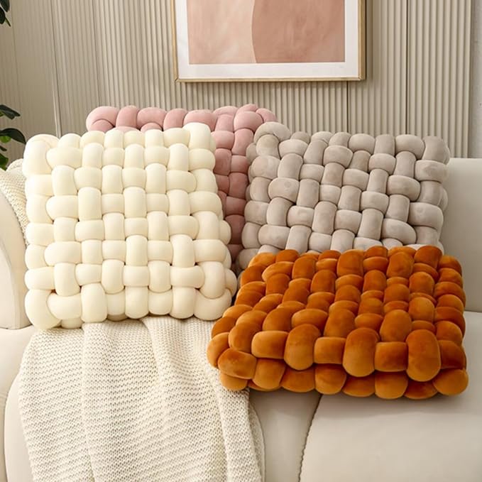 Knot Pillow Meditation Cushion Large Floor Cushions for Sitting Funky Throw Pillows Chair Pillows Soft Pads Square Knotted Seat Cushions Home Decoration Living Room Bedroom Sofa Couch Black