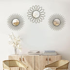 3 Pack Metal Mirrors for Wall Sunburst Wall Mirrors Home Décor Decorative Hanging Wall Art for Living Room Bedroom Entryway (Black2, Flower+Sunburst)