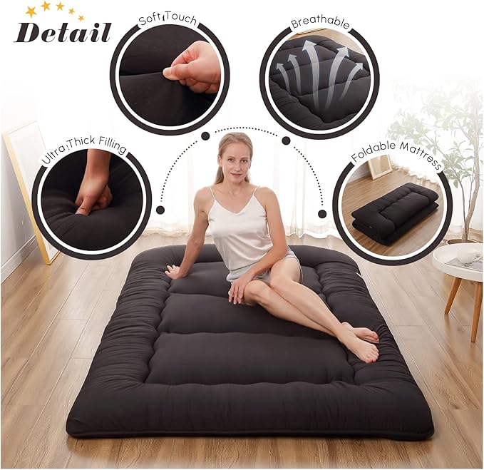 Japanese Floor Mattress, Futon Mattress with Portable Storage Bag and Washable Cover, Roll Up Thick Tatami Mat Suitable for Camping, Guest Room, Black, Queen