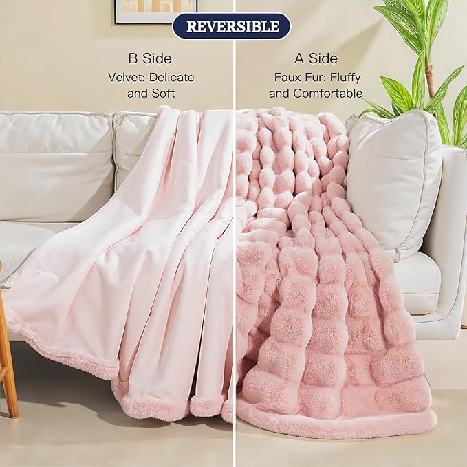 NEXHOME PRO Faux Fur Throw Blanket Pink, Luxury Soft Decorative Cozy Plush Long Shaggy Fluffy Blanket for Sofa Couch Bed Living Room, Reversible Puffy Thick Warm Blanket for Winter, 60"X80"