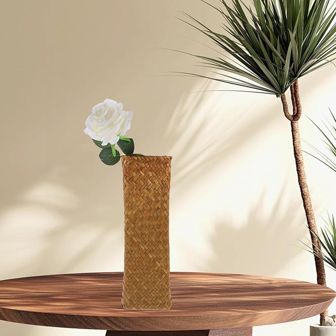 Natural Seaweed Weave Basket Handmade Rattan Vase Tall Plant Holder Container Bamboo Weaving Vase Flower Arranger Dried Flower Boho Home Decoration 11inch A