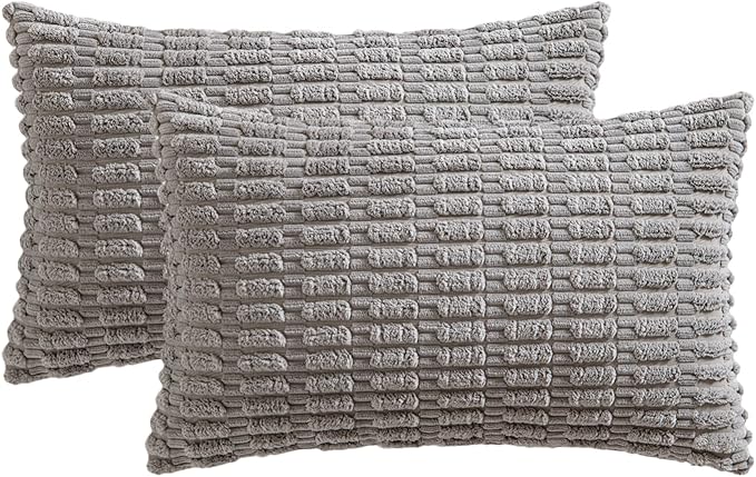 MIULEE Pack of 2 Corduroy Decorative Lumbar Throw Pillow Covers 20x12 Inch Soft Boho Striped Pillow Covers Modern Farmhouse Home Decor for Sofa Living Room Couch Bed Light Grey