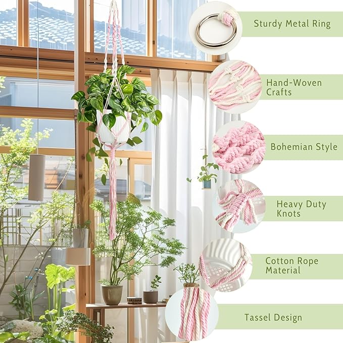 XXXFLOWER Macrame Plant Hanger with Hooks Handmade Woven Cotton Rope,Hanging Planter Basket String for Indoor Outdoor Boho Decor,Set of 1(Pots and Plants NOT Included)