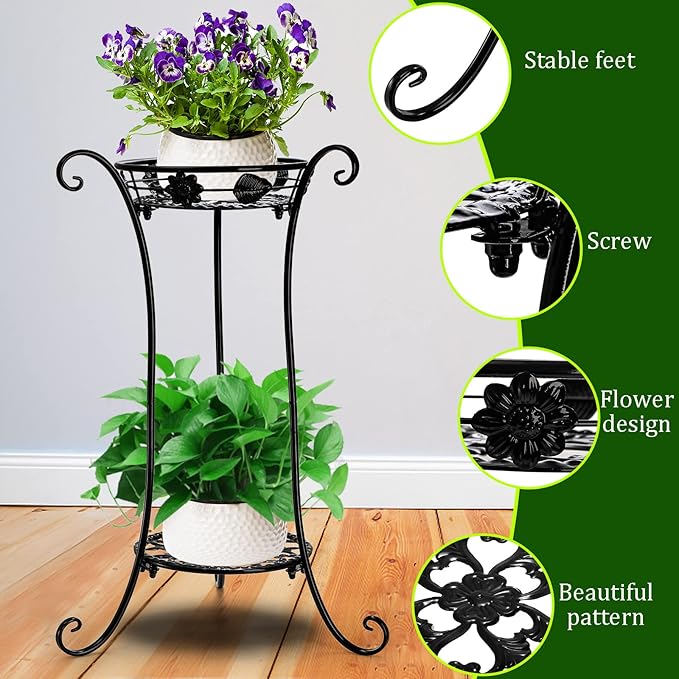 Yesland 2 Pcs Metal Plant Stand Indoor Outdoor, 2 Tier Black Iron Flower Plant Stand 26 Inches Detachable Tall Modern Plant Shelf Holder for Corner, Patio, Living Room, Garden