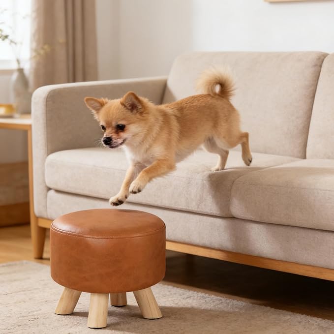 Asense Small Round Ottoman Foot Rest Stool Fabric Padded Seat Footstool Ottoman with Wooden Legs (Dark Orange,Fabric)