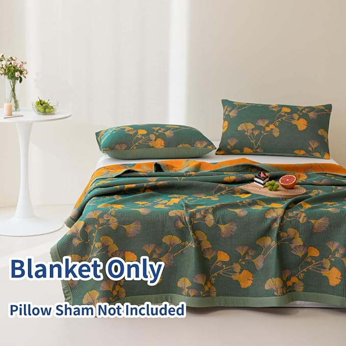 100% Cotton Jacquard Quilt Floral Ginkgo Leaves Print,Soft Muslin Bed Cover 3 Layers Reversible Bedspread Coverlet Breathable Lightweight Bedding,Full/Queen(78"x94"), No Pillow Sham