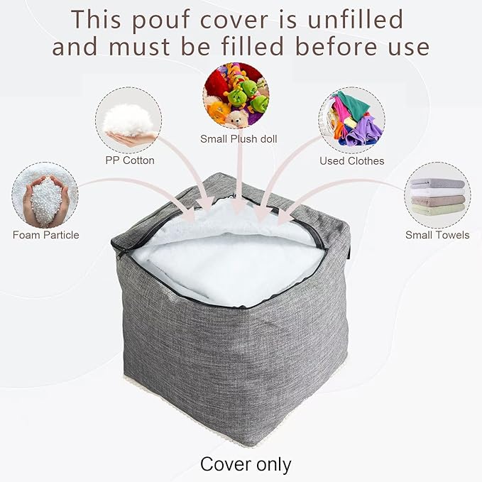 Louis Donné Unstuffed Storage Pouf Ottoman Cover - Square Cotton Linen Footstool Chair for Living Room Nursery, DIY Bean Bag for Stuffed Animal Storage, 18 x 18 Inch, Cover ONLY